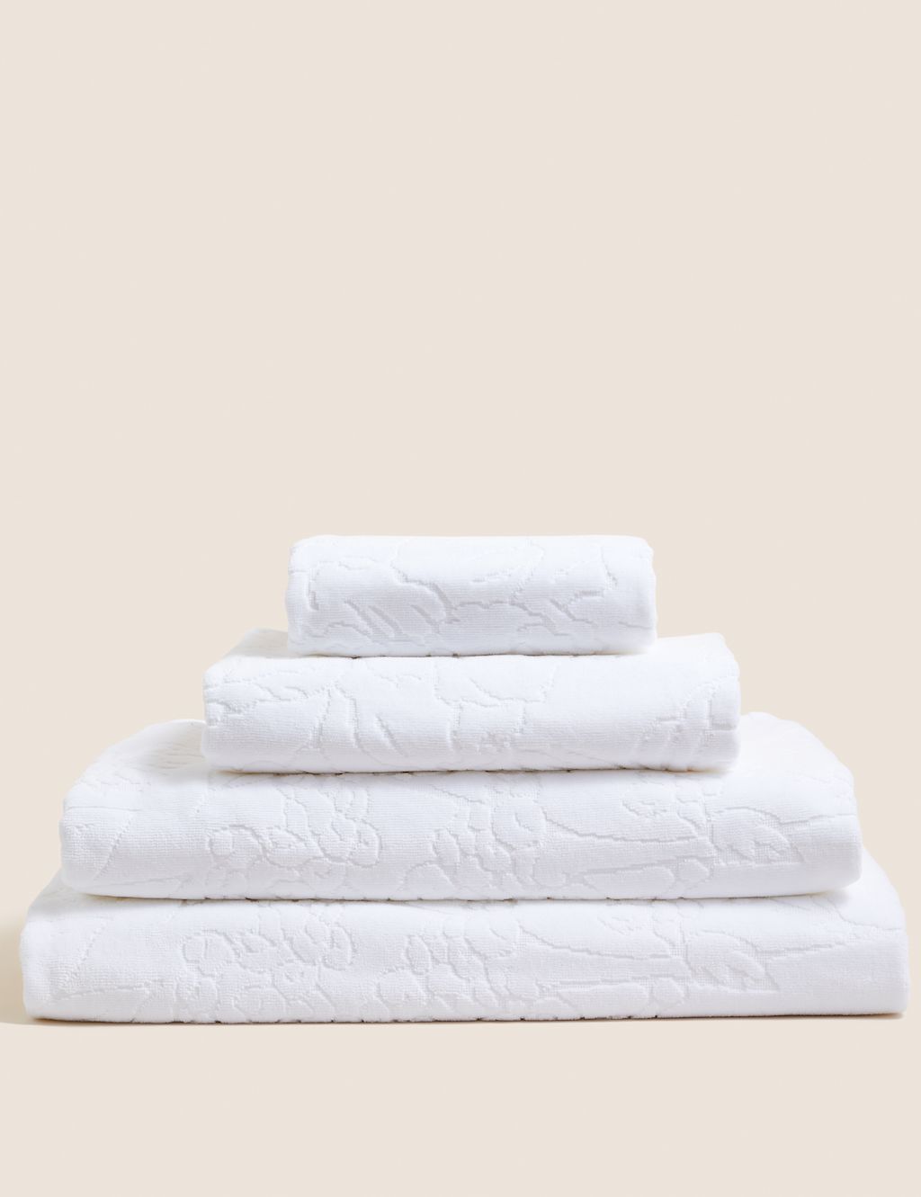 M&S Pure Cotton Linear Floral Towel - Bath Sheet - White, White