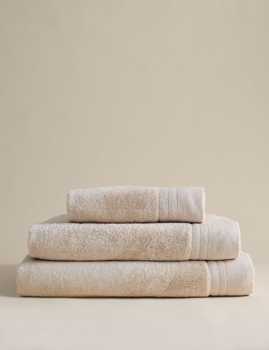 M&S Pure Cotton Towel with Linen Border - Bath Sheet - Light Buff, Light Buff