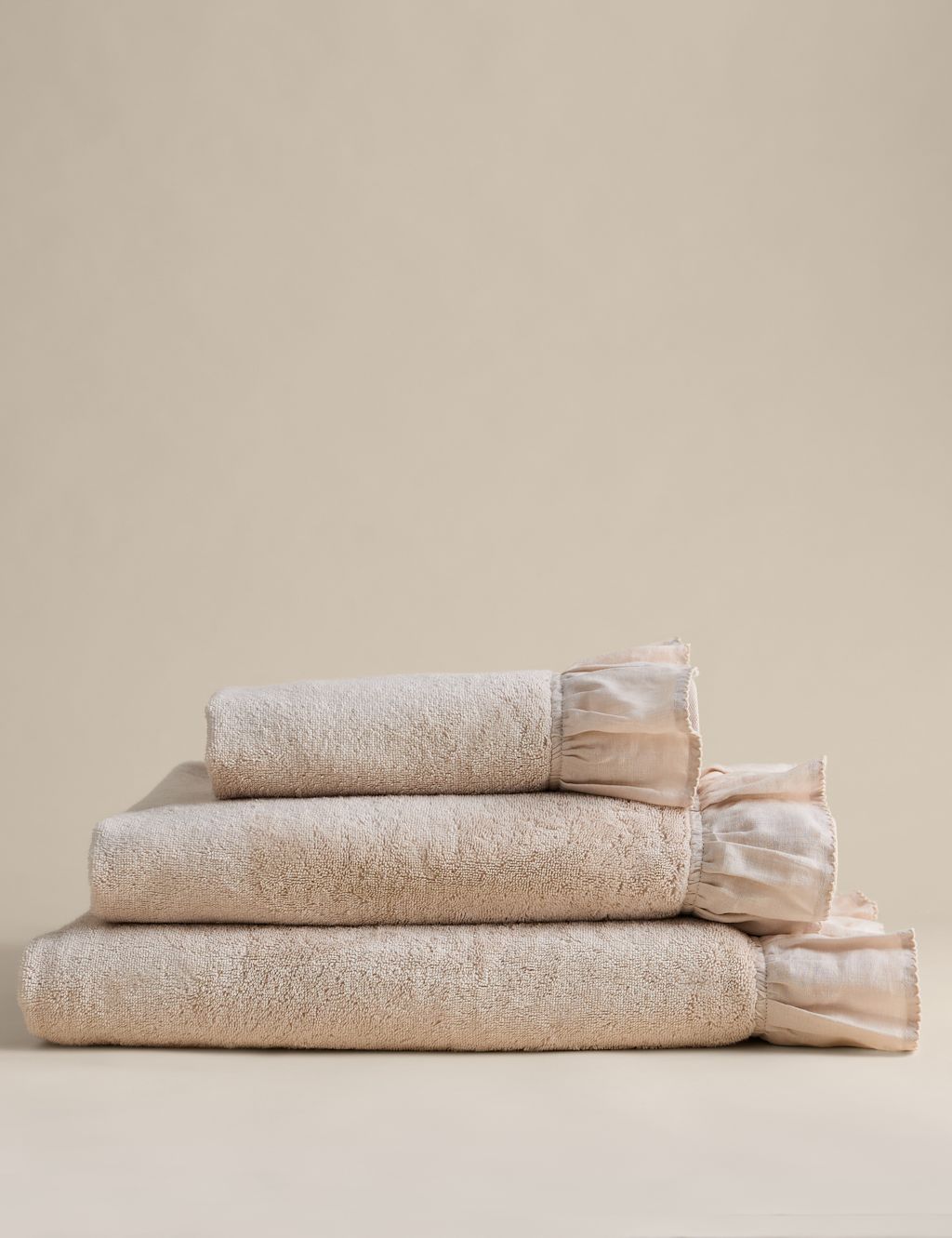 M&S Pure Cotton Ruffle Towel with Linen Border - Bath Sheet - Light Buff, Light Buff