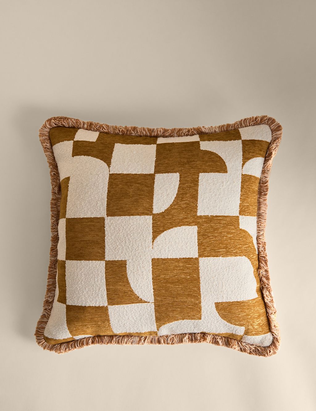 M&S Chenille Geometric Jacquard Fringed Cushion - Gold, Gold
