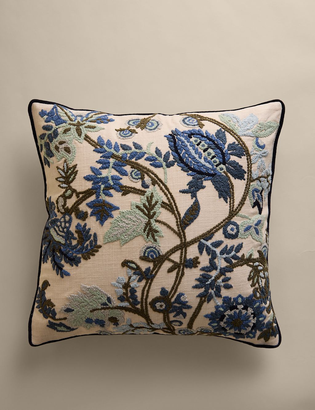 M&S Pure Cotton Floral Embroidered Cushion - Blue Mix, Blue Mix