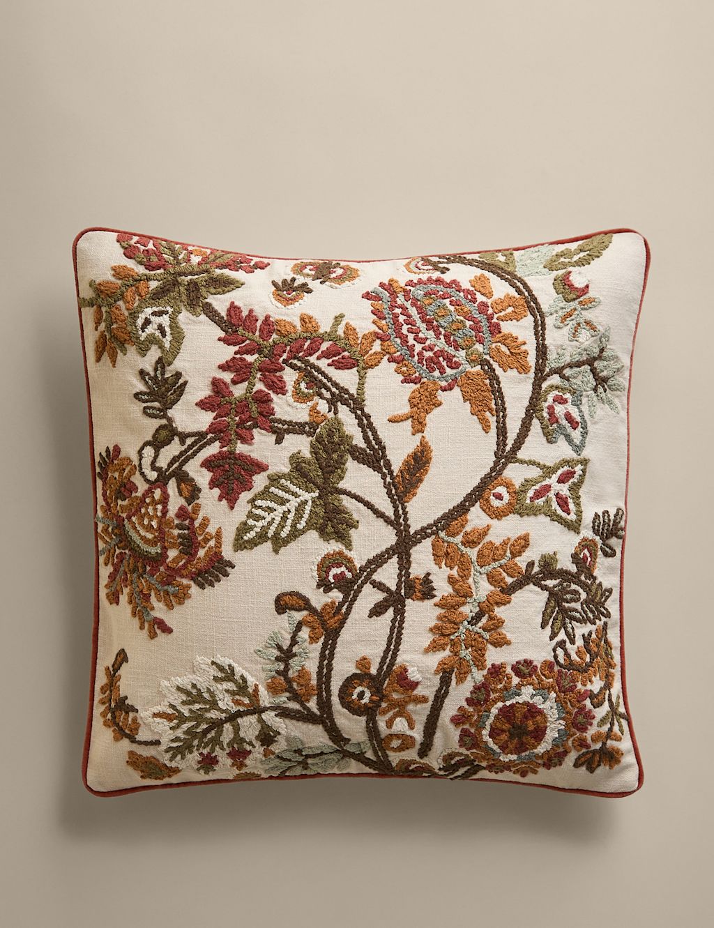 M&S Pure Cotton Floral Embroidered Cushion - Ecru, Ecru
