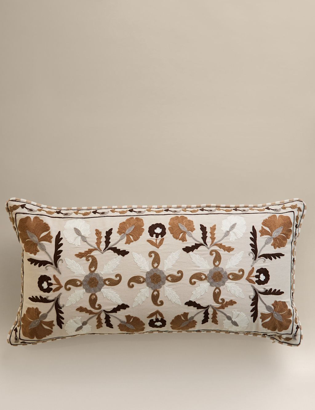 M&S Pure Cotton Embroidered Floral Bolster Cushion - Natural Mix, Natural Mix