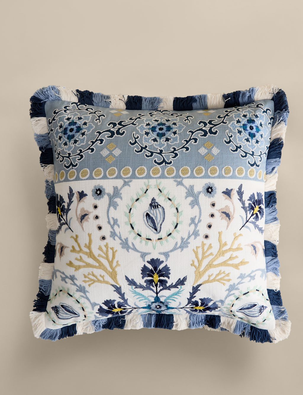 M&S Pure Cotton Coastal Embroidered Cushion - Blue Mix, Blue Mix