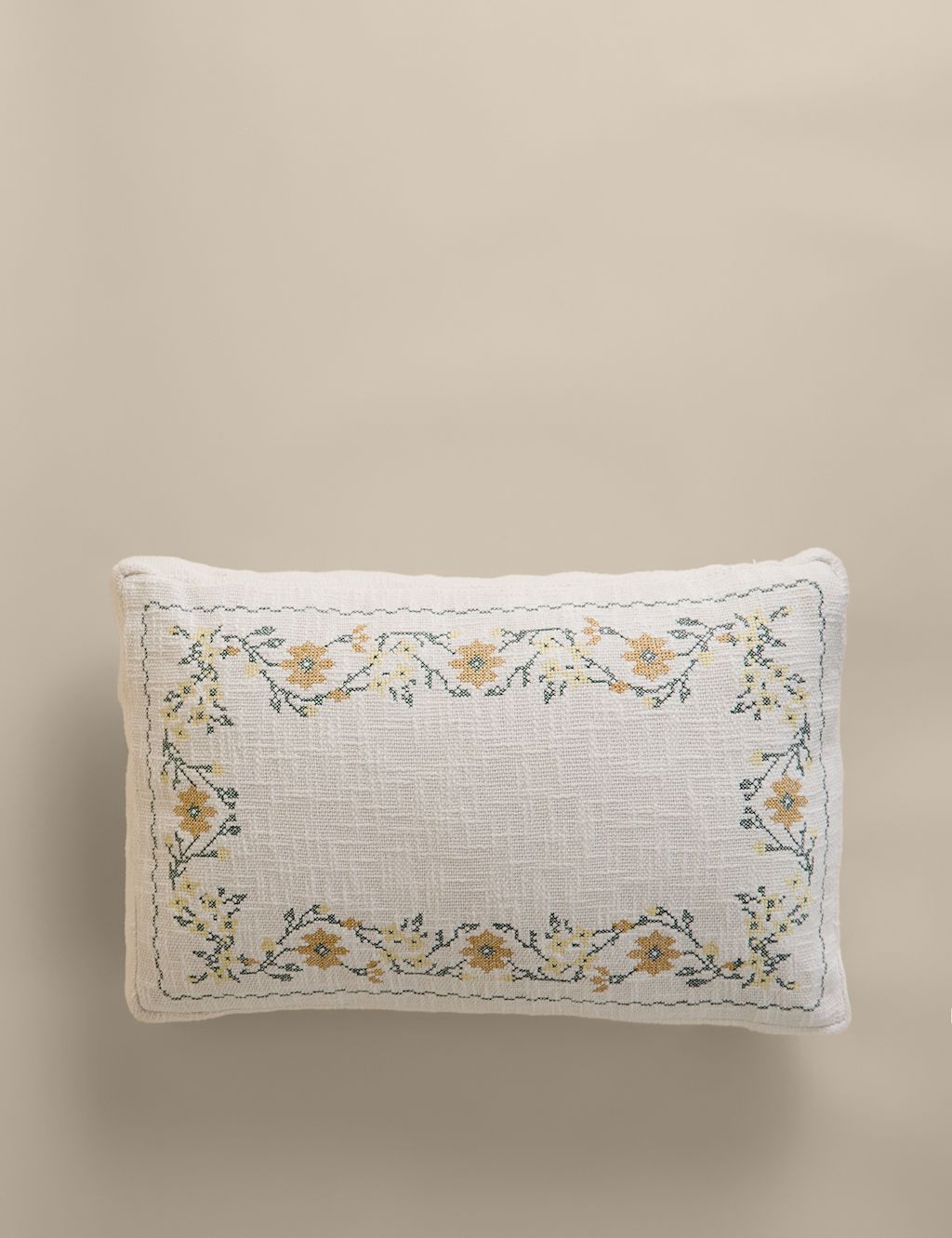 M&S Pure Cotton Floral Stitch Box Cushion - Natural Mix, Natural Mix