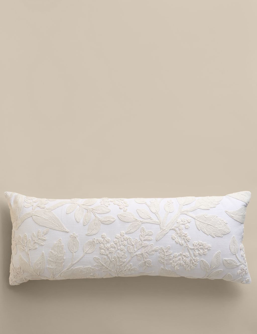 M&S Pure Cotton Floral Embroidered Bolster Cushion - White, White