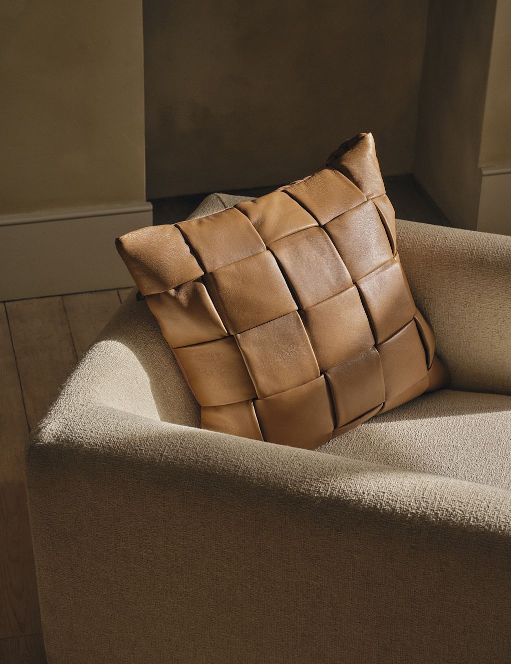 M&S Leather Basket Weave Cushion - Brown, Brown
