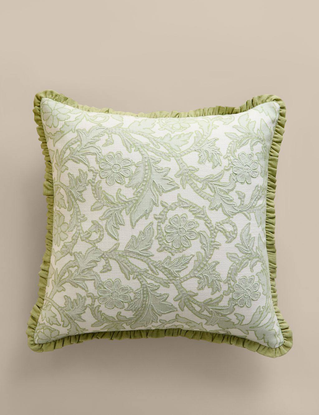 M&S Pure Cotton Floral Embroidered Cushion - Green Mix, Green Mix