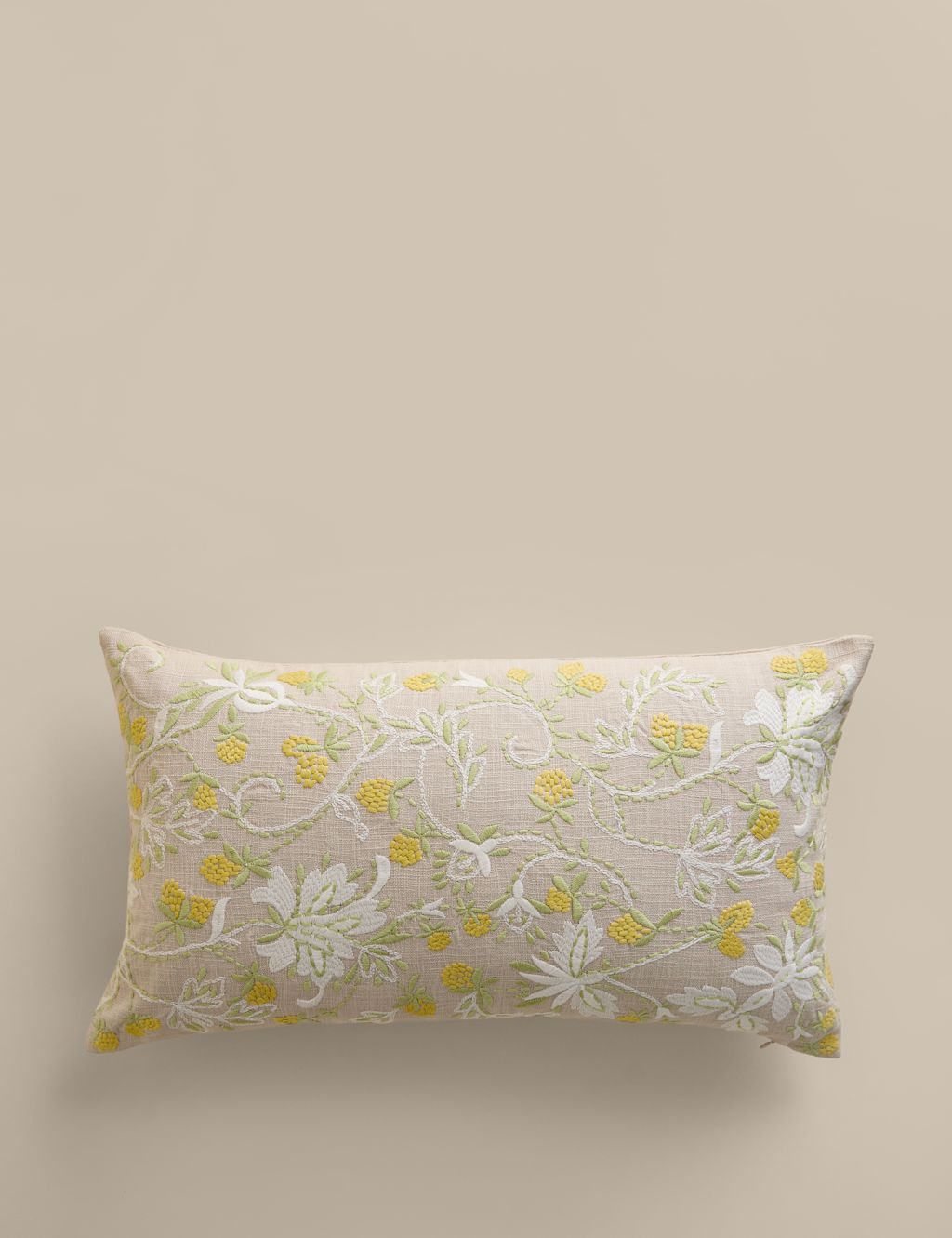 M&S Pure Cotton Floral Embroidered Bolster Cushion - Natural Mix, Natural Mix