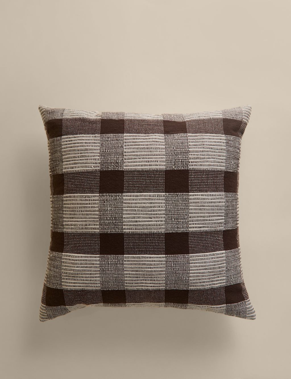 M&S Pure Cotton Checked Textured Cushion - Chocolate, Chocolate