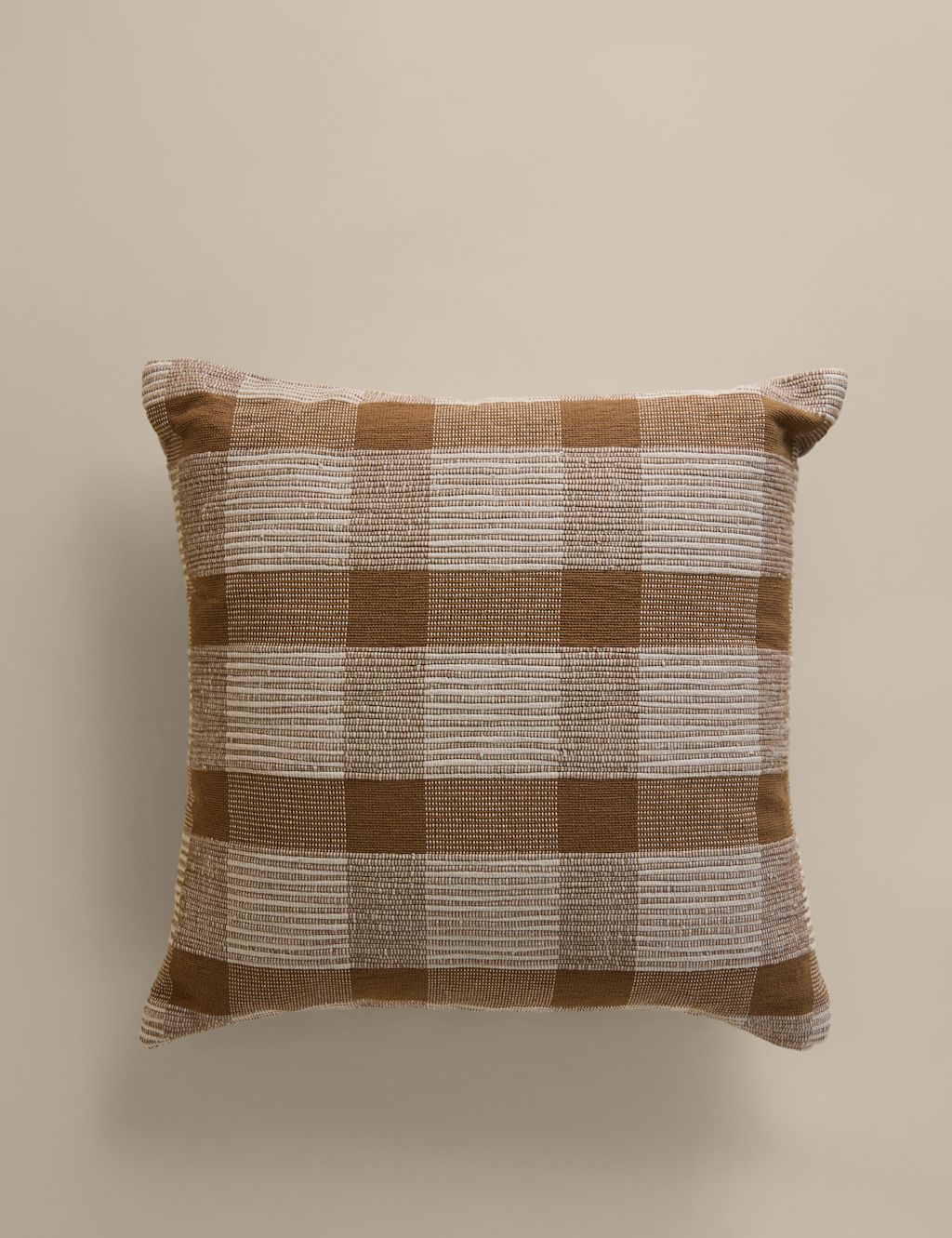 M&S Pure Cotton Checked Textured Cushion - Caramel, Caramel
