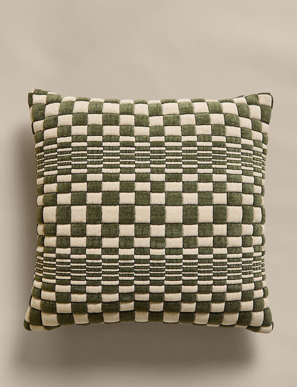M&S Chenille Checked Quilted Cushion - Green Mix, Green Mix