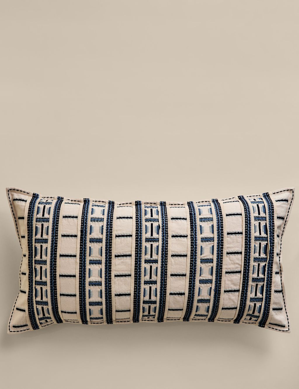 M&S Pure Cotton Embroidered Grid Bolster Cushion - Blue Mix, Blue Mix