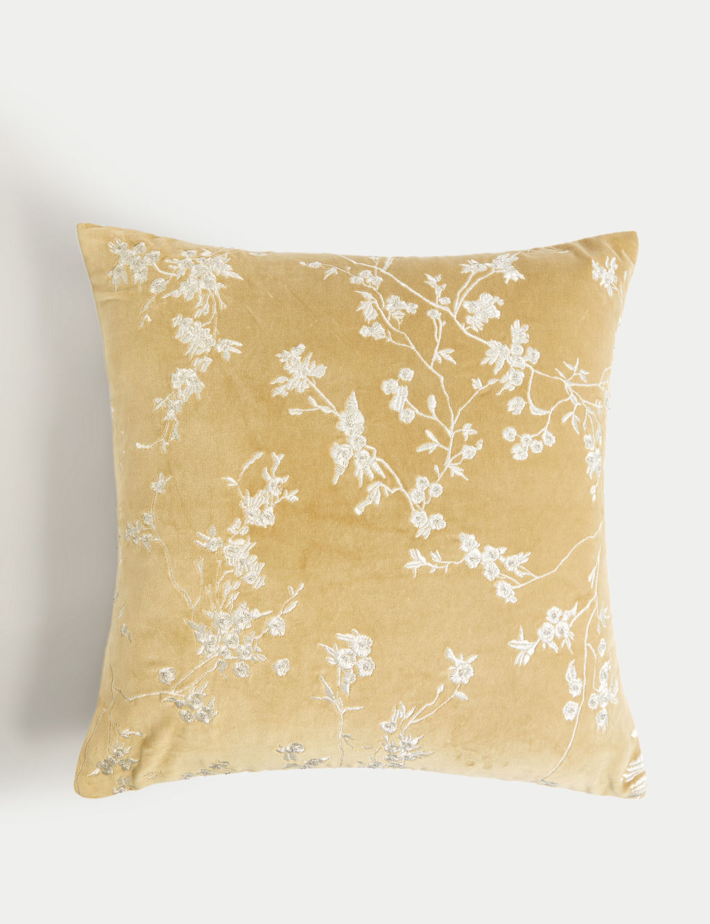 M&S Velvet Cherry Blossom Embroidered Cushion - 1SIZE - Gold, Gold