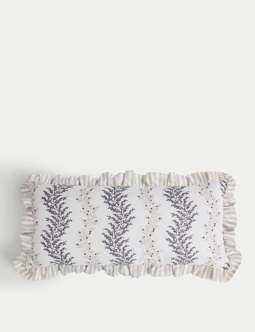 M&S Cotton with Linen Leaf & Striped Bolster Cushion - 1SIZE - Neutral, Neutral