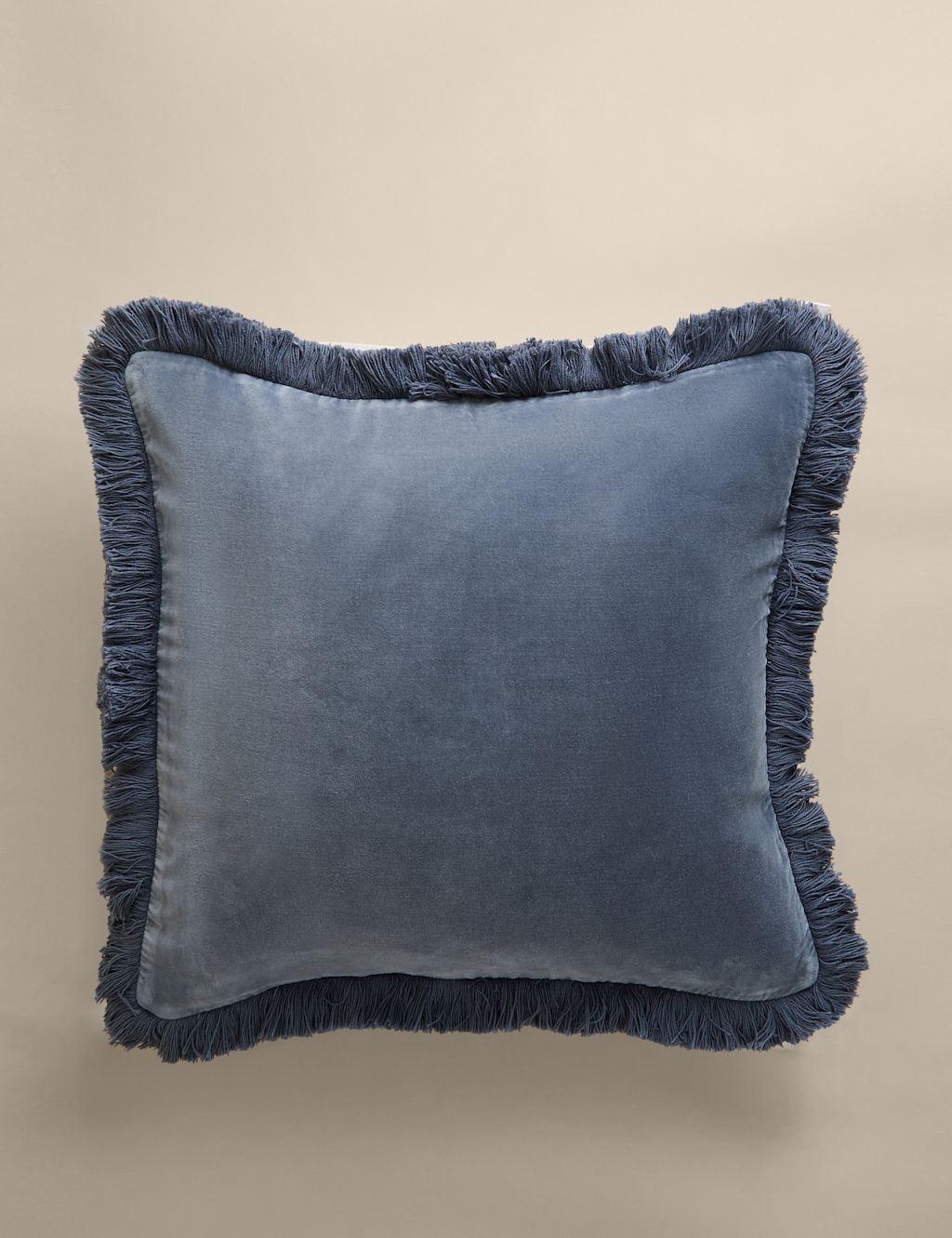 M&S Pure Cotton Velvet Fringed Cushion - Slate Blue, Slate Blue