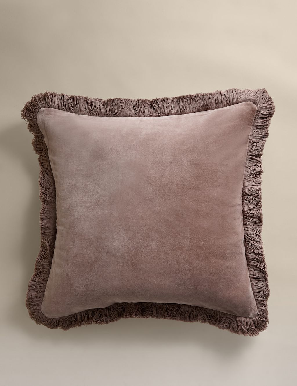 M&S Pure Cotton Velvet Fringed Cushion - Putty, Putty