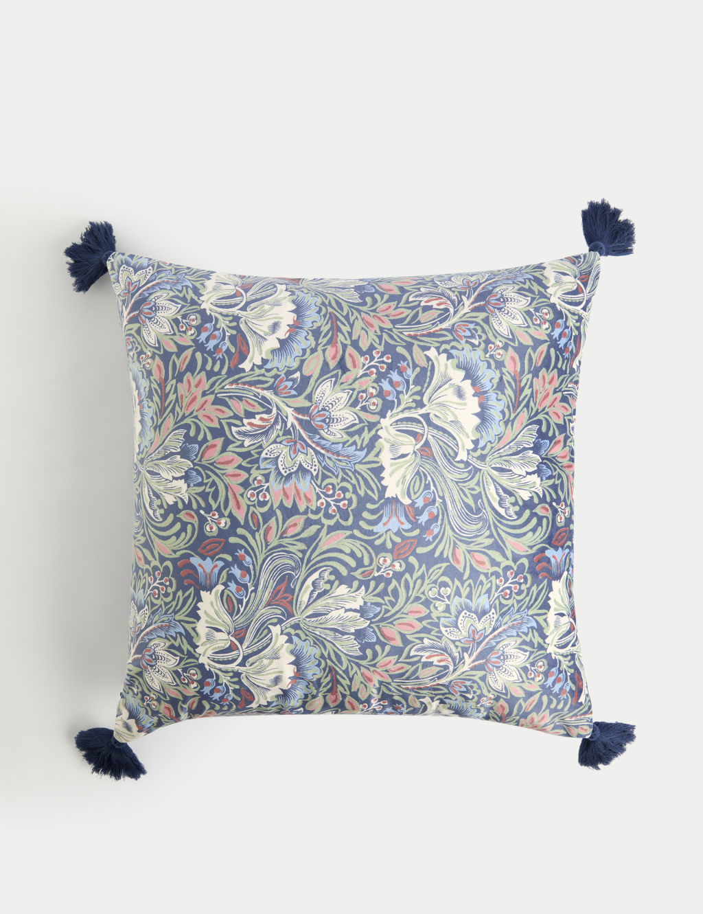 M&S Velvet Floral Tasselled Cushion - 1SIZE - Blue Mix, Blue Mix