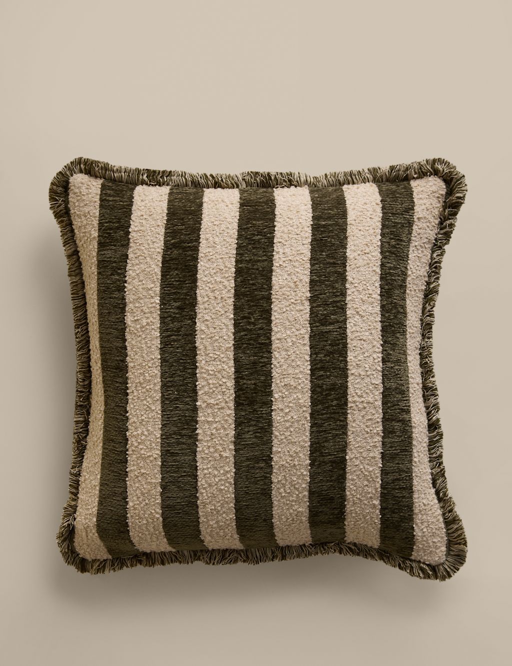 M&S Fringed Chenille Stripe Cushion Cover - Green Mix, Green Mix