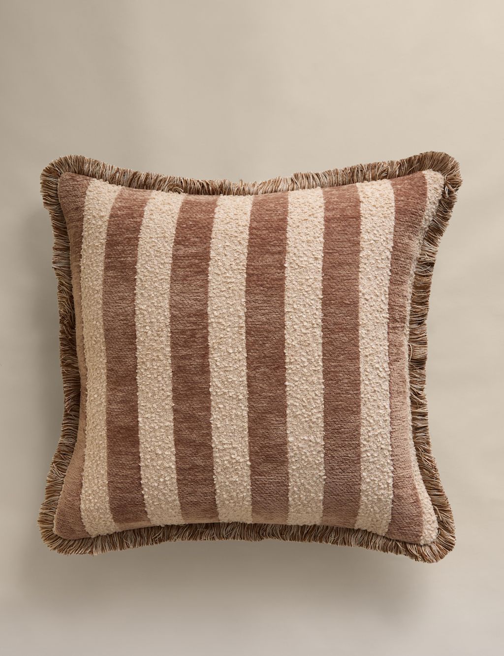 M&S Fringed Chenille Stripe Cushion Cover - Caramel, Caramel