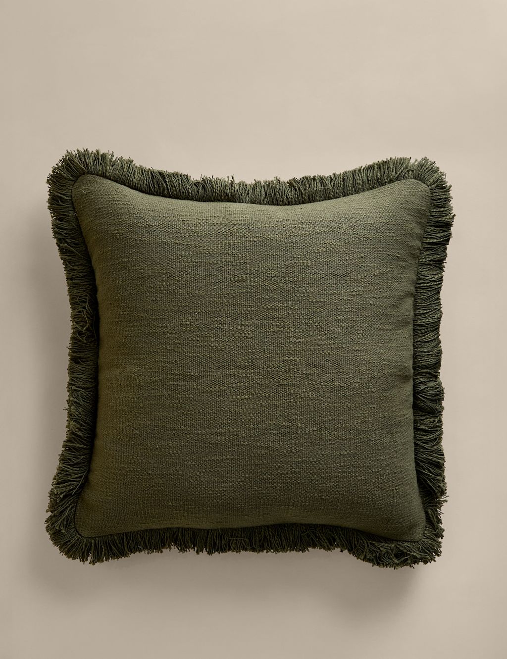 M&S Pure Cotton Textured Fringe Cushion - Khaki, Khaki