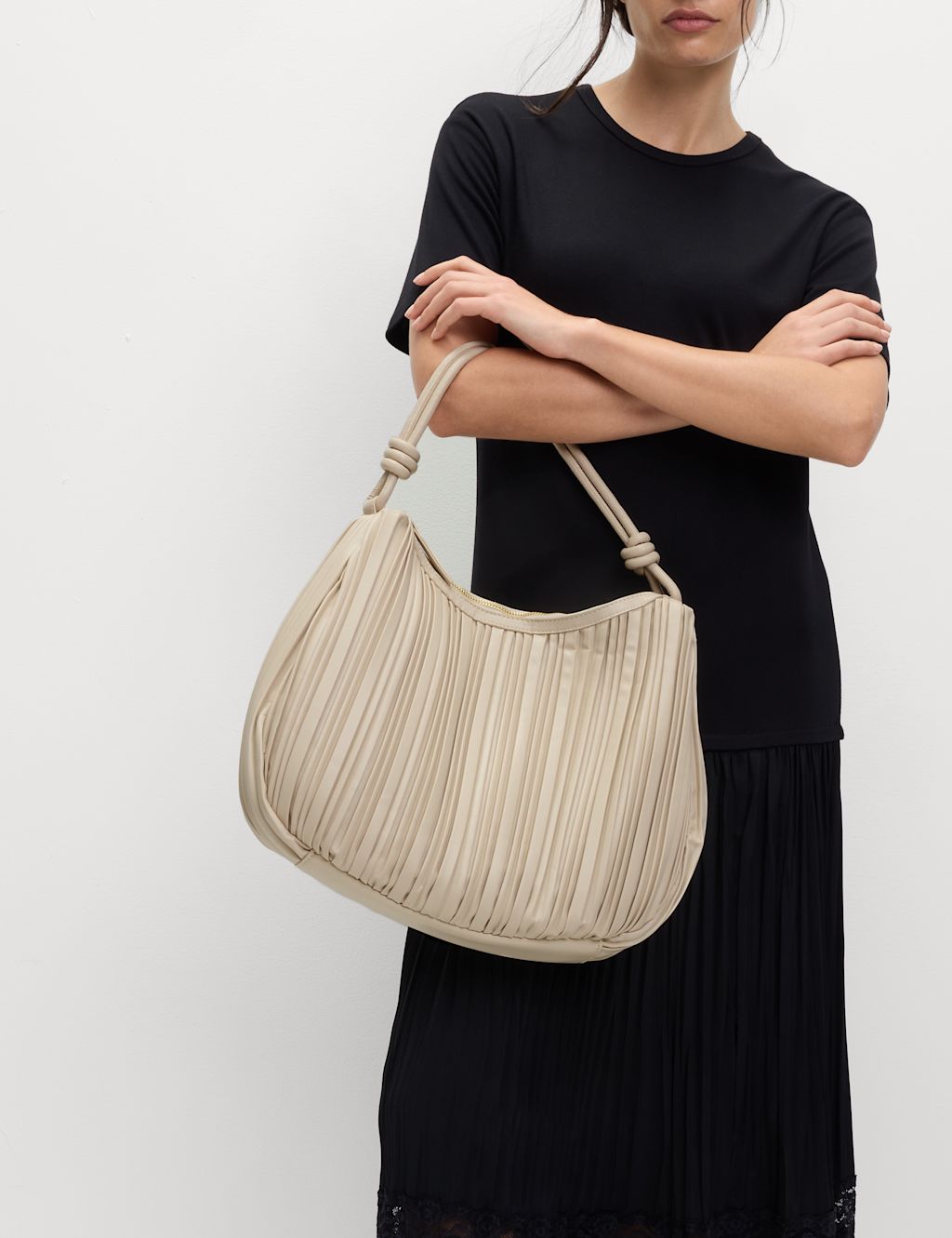 M&S Faux Leather Pleated Top Handle Shoulder Bag - 1SIZE - Cream, Cream