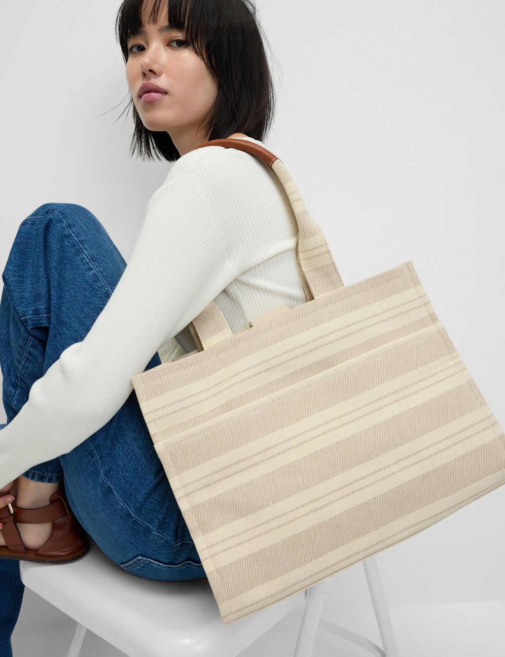 M&S Pure Cotton Canvas Striped Tote Bag - 1SIZE - Natural Mix, Natural Mix