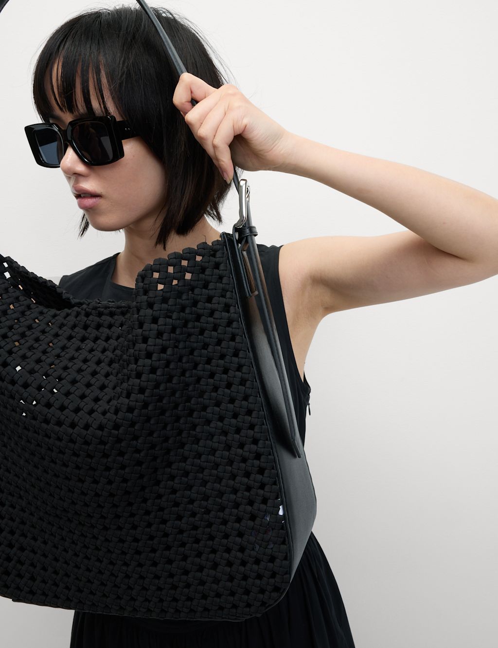 M&S Fabric Woven Shoulder Tote Bag - 1SIZE - Black, Black