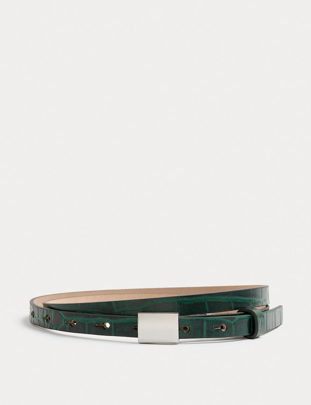 M&S Leather Skinny Lizard Effect Jeans Belt - XS - Green, Green