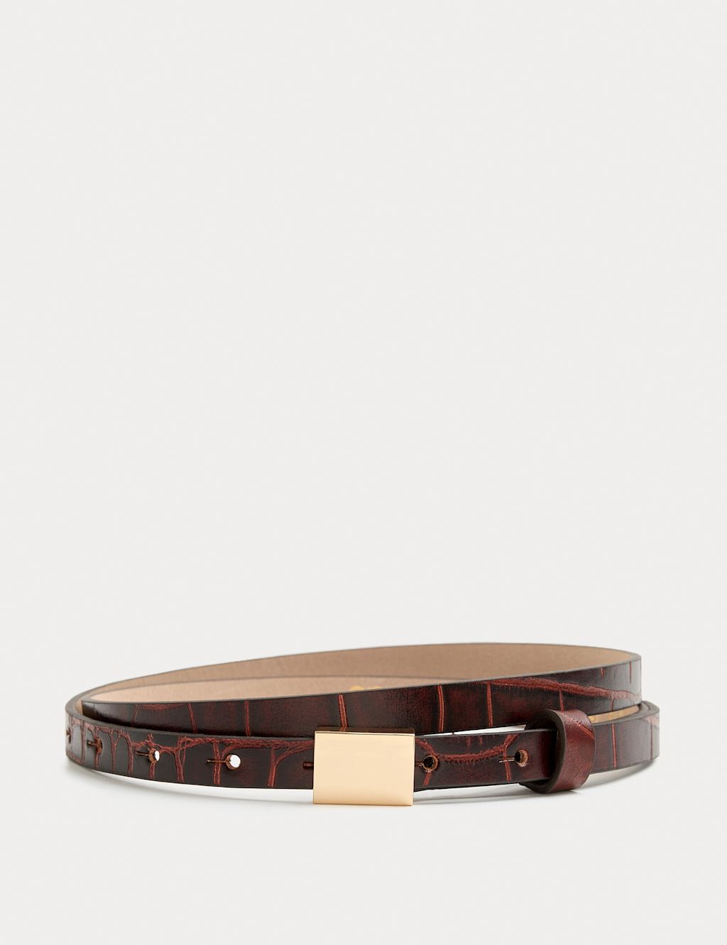 M&S Leather Skinny Lizard Effect Jeans Belt - Chocolate, Chocolate
