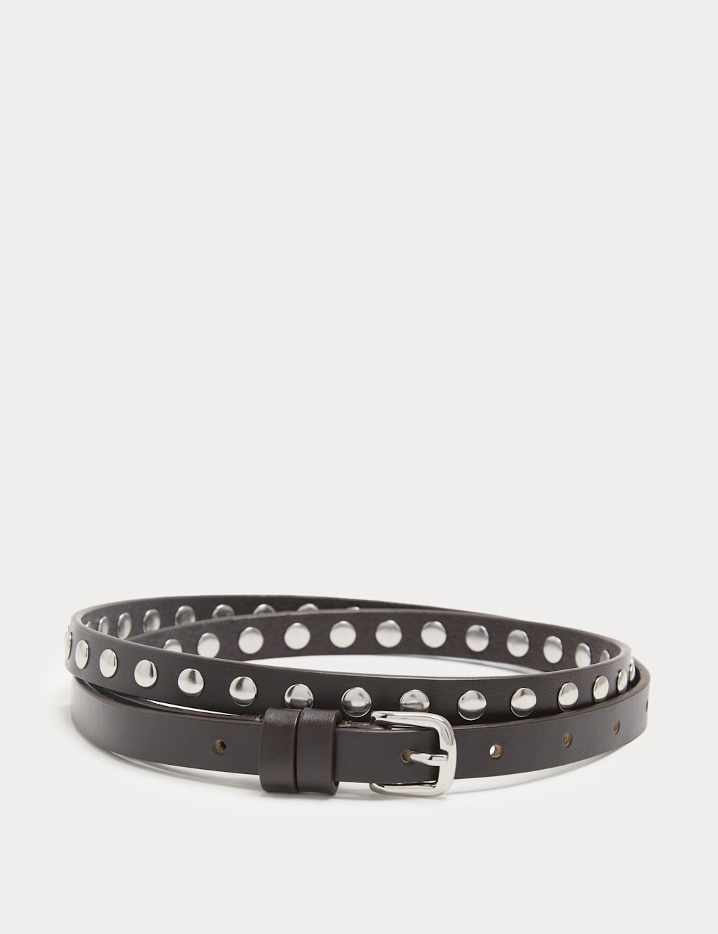 M&S Leather Studded Skinny Waist Belt - Extra Small - Chocolate, Chocolate