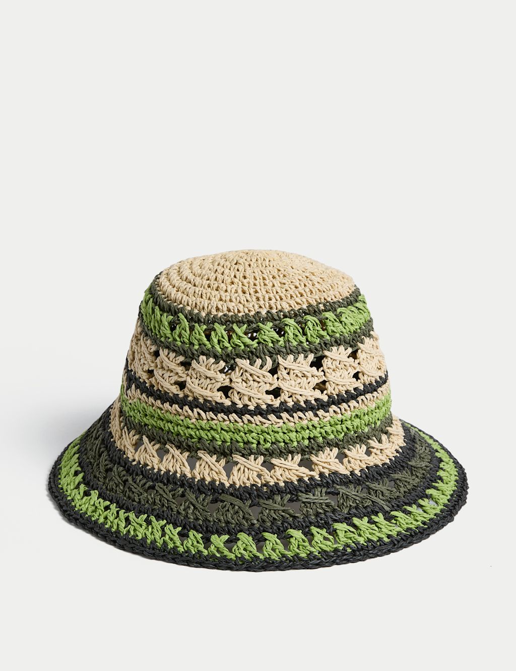 M&S Straw Striped Bucket Hat - M-L - Green Mix, Green Mix