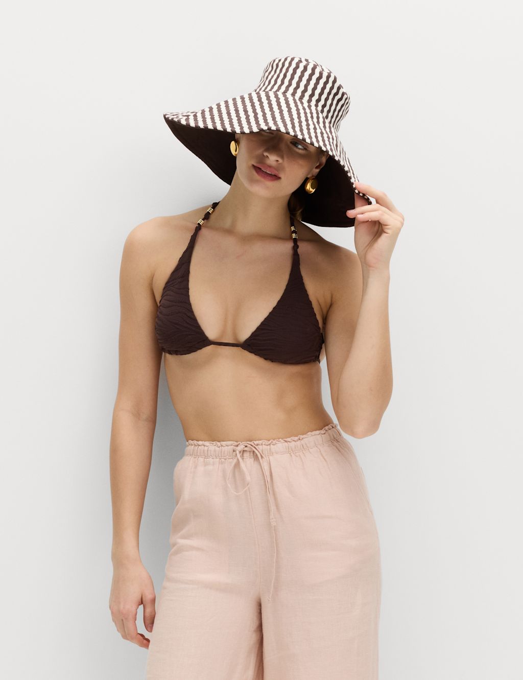 M&S Pure Cotton Reversible Wide Brim Bucket Hat - Medium-Large - Cream Mix, Cream Mix