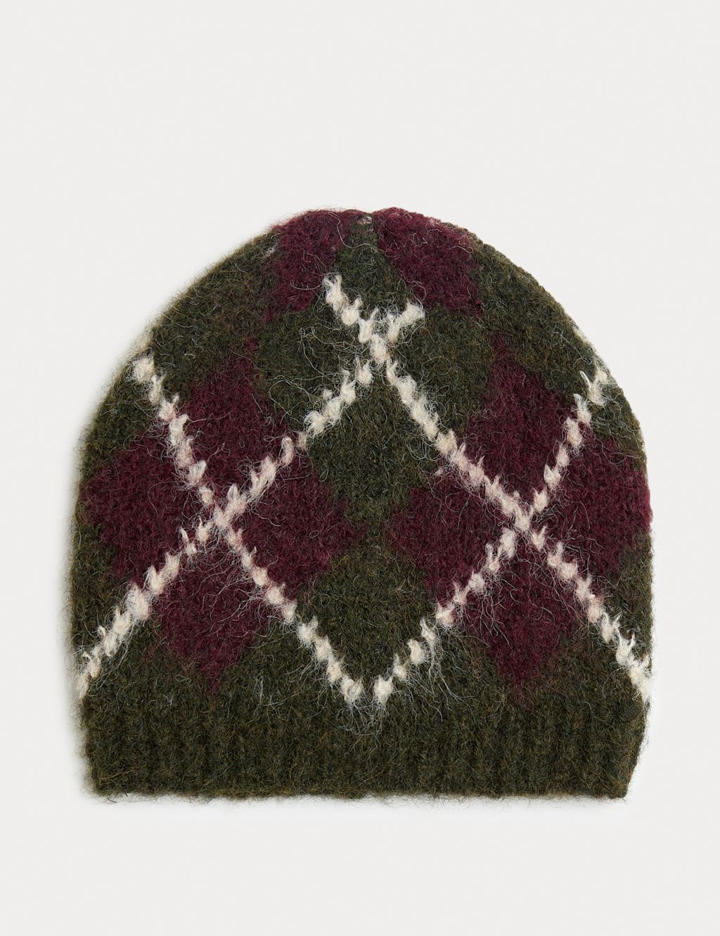 M&S Fluffy Knitted Argyle Beanie Hat with Wool - 1SIZE - Red Mix, Red Mix