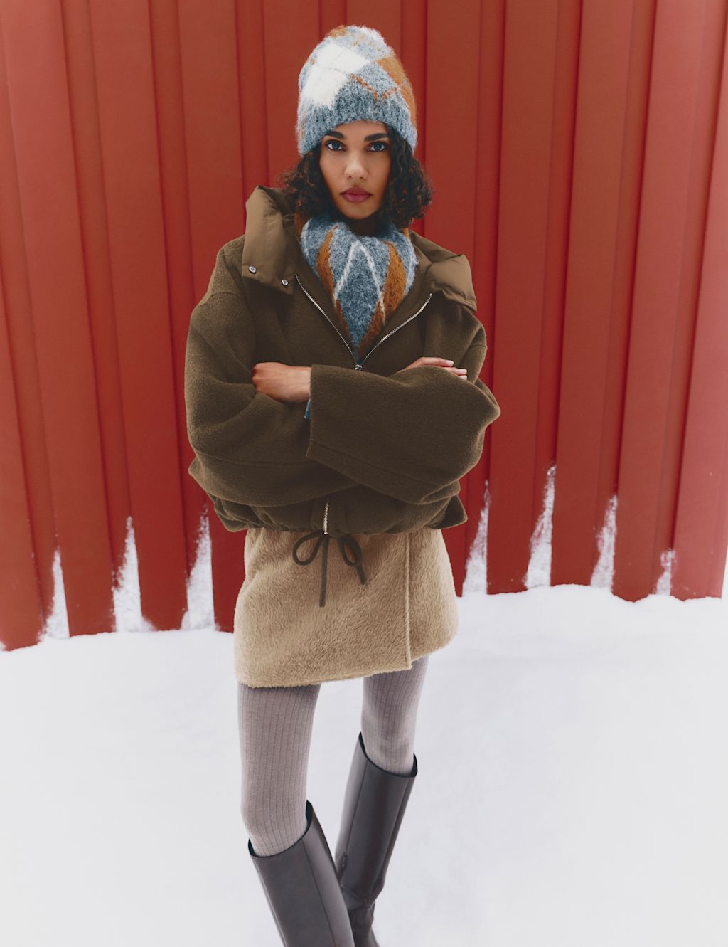 M&S Fluffy Knitted Argyle Beanie Hat with Wool - 1SIZE - Grey Mix, Grey Mix