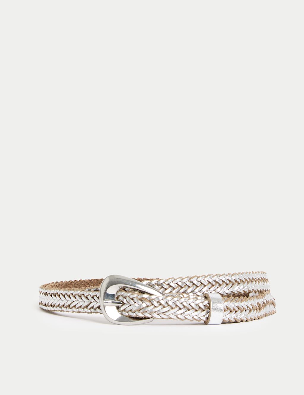 M&S Leather Woven Feature Buckle Skinny Jeans Belt - Silver, Silver