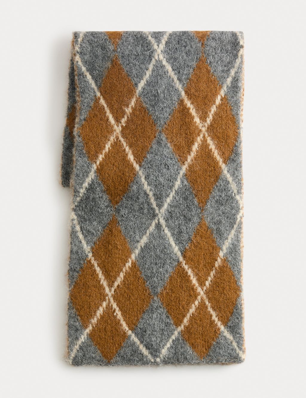 M&S Fluffy Argyle Scarf with Wool - 1SIZE - Grey Mix, Grey Mix