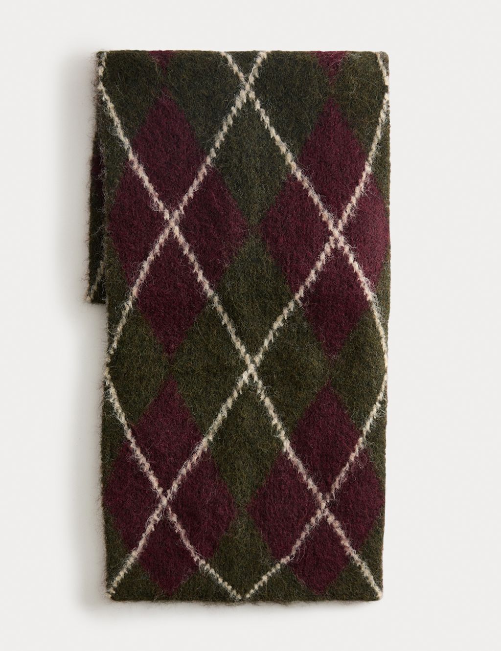 M&S Fluffy Argyle Scarf with Wool - 1SIZE - Burgundy, Burgundy
