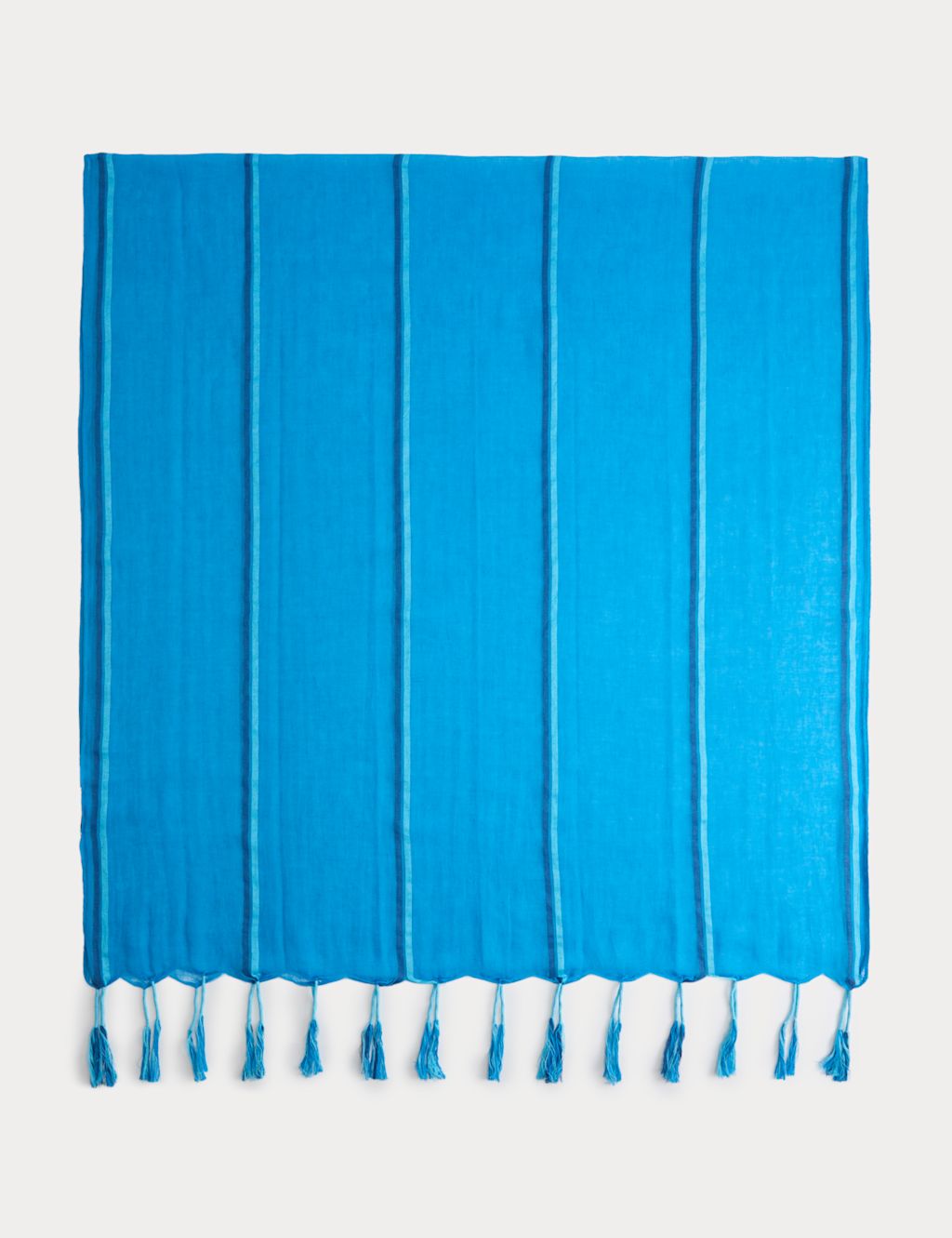 M&S Cotton Linen Blend Striped Tassel Scarf - Blue Mix, Blue Mix
