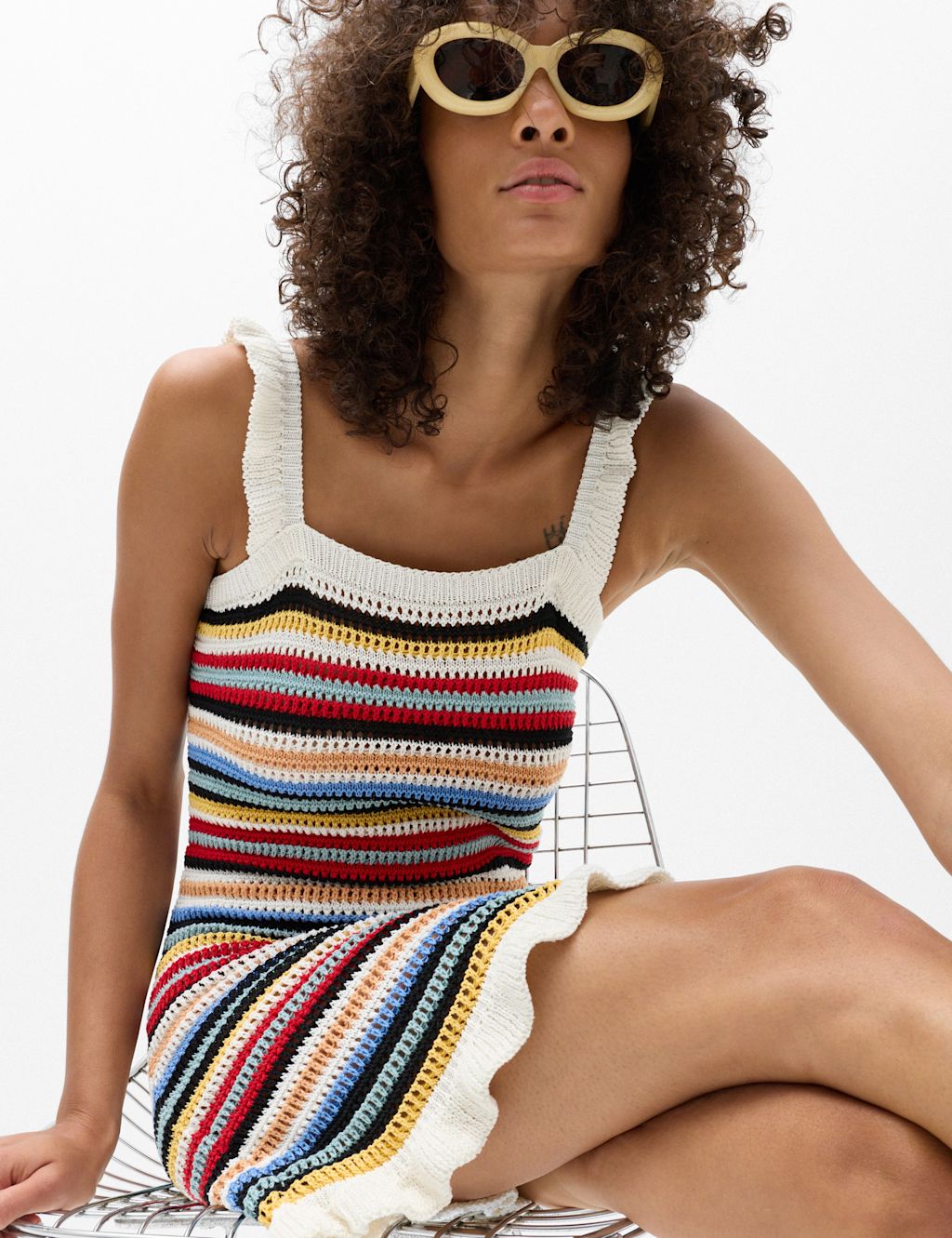 M&S Cotton Rich Striped Knitted Mini Dress - Extra Large - Multi, Multi