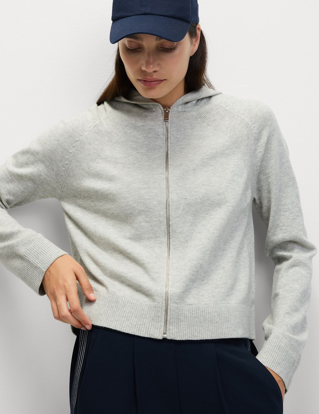 M&S Knitted Zip Up Cropped Hoodie - Extra Large - Light Grey, Light Grey