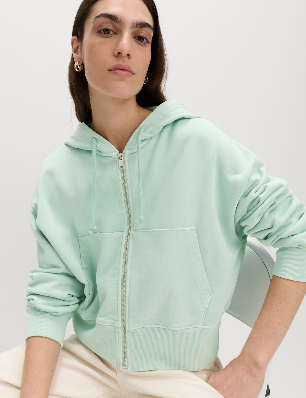 M&S Pure Cotton Garment Dye Zip Up Hoodie - Extra Large - Soft Green, Soft Green
