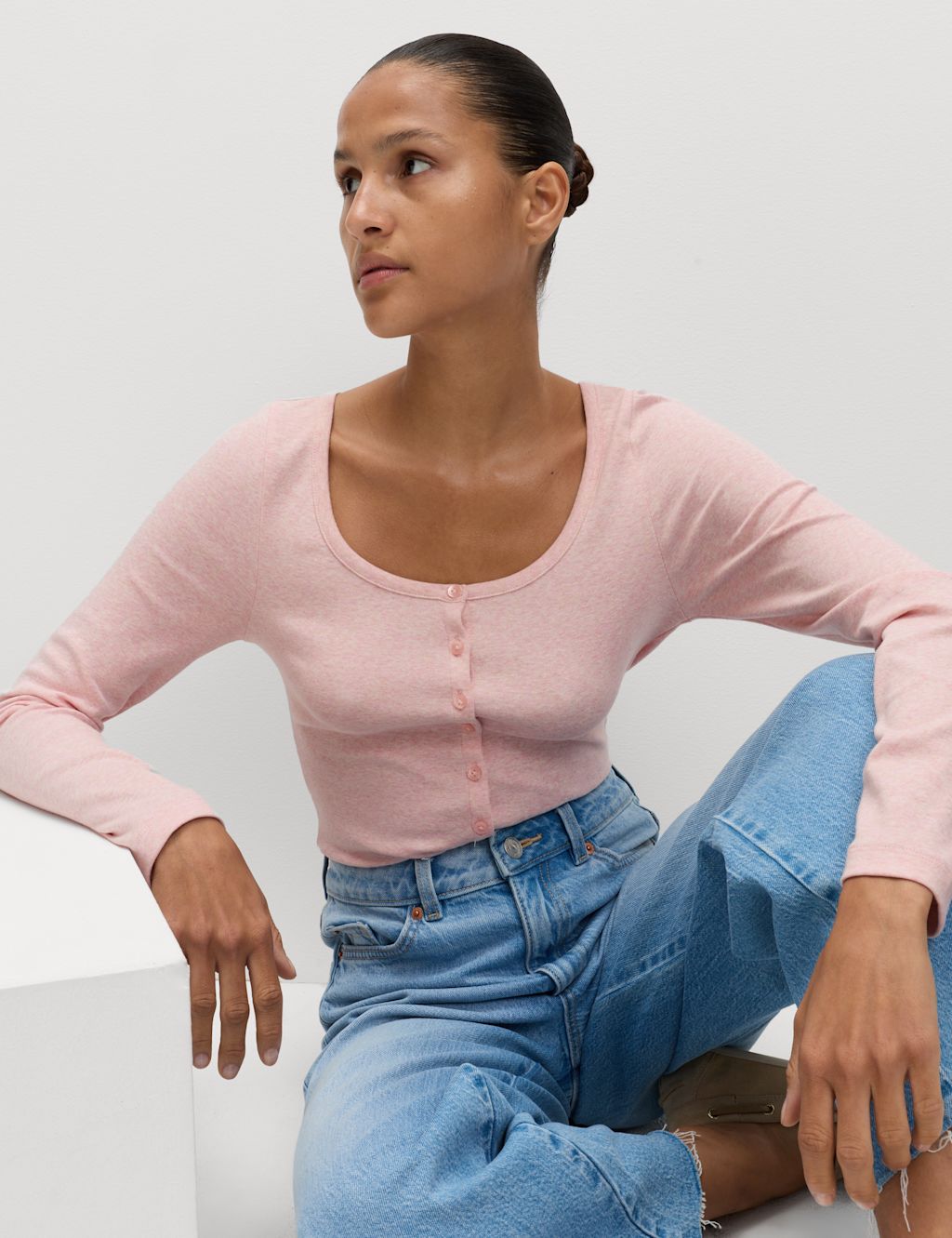 M&S Cotton Rich Scoop Neck Henley Top - 10 - Light Pink, Light Pink