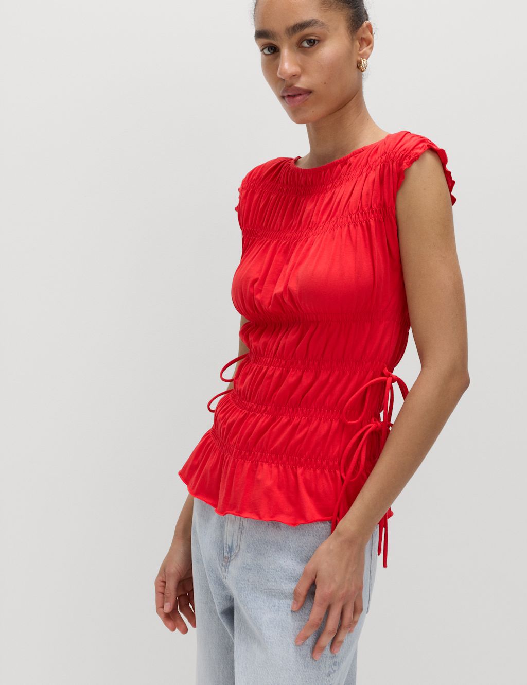 M&S Pure Cotton Smocked Detail Top - 20 - Chilli, Chilli