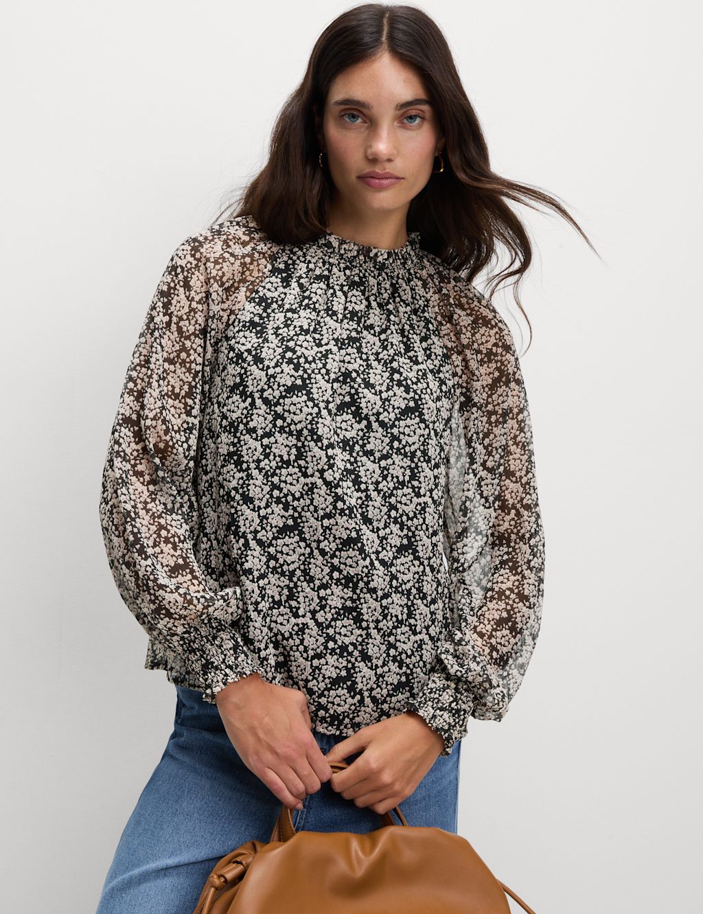M&S Sheer Floral Printed Long Blouson Sleeve Blouse - 14REG - Brown Mix, Brown Mix