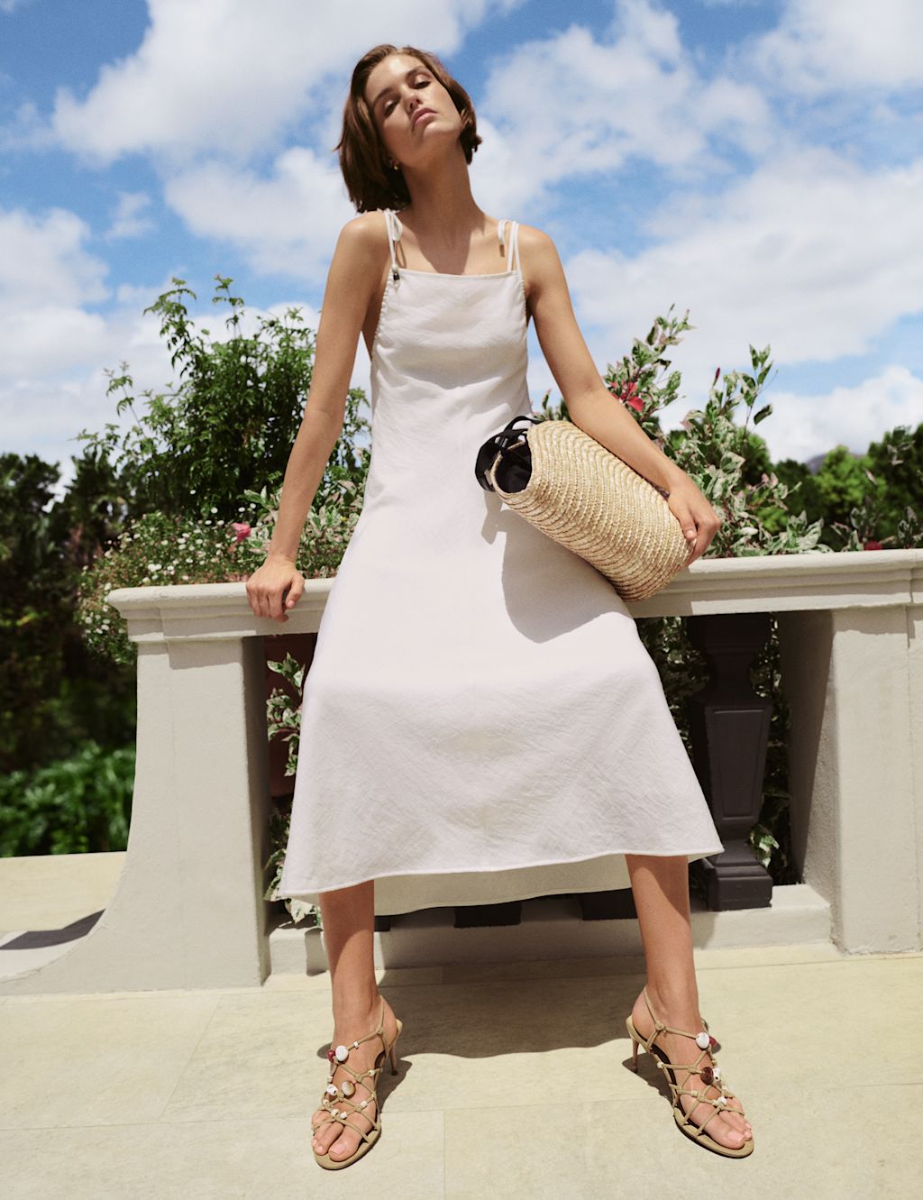 M&S Beaded Square Neck Strappy Midi Column Dress - 10 - Soft White, Soft White