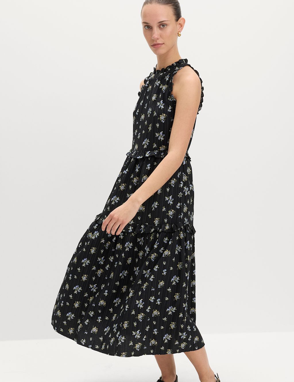 M&S Floral Halter Neck Midi Tiered Dress - 14 - Black Mix, Black Mix