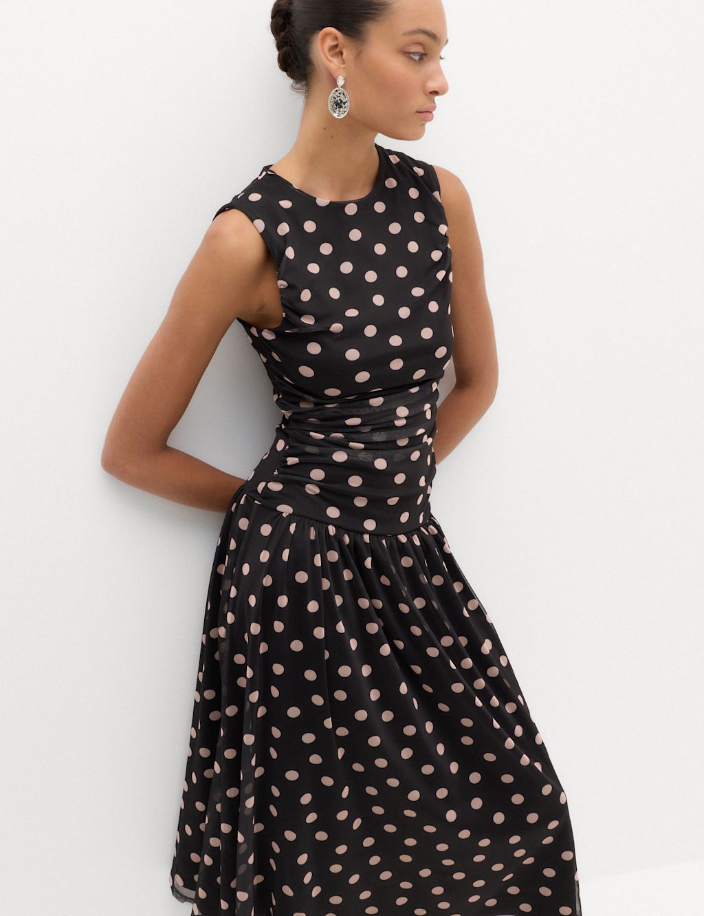 M&S Mesh Polka Dot Midi Dropped Waist Dress - 10 - Black Mix, Black Mix