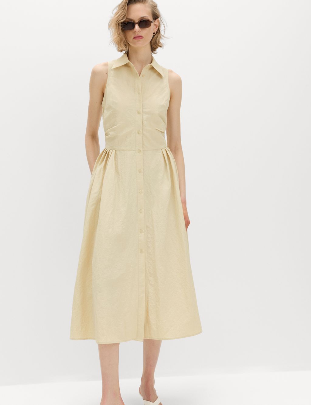 M&S Button Through Midi Shirt Dress - 10 - Light Cream, Light Cream