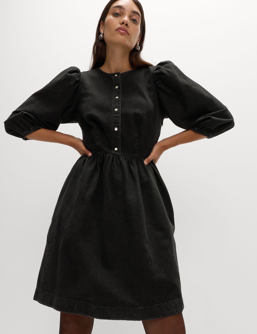 M&S Pure Cotton Denim Mini Waisted Dress - 18PET - Black Denim, Black Denim